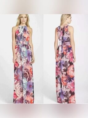 Nwot Eliza j Floral Print Chiffon Halter Maxi Dress